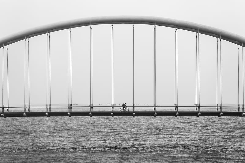 gray scale of person driving bike on bridge, HD wallpaper