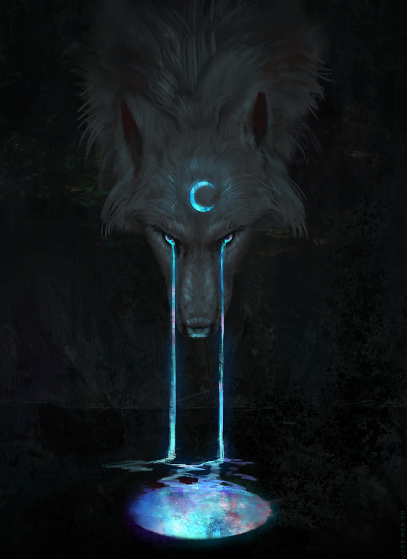 Tears by Jade Merien, wolf, black, aurora, animal, painting, digital art, illustration, wolves, moon, HD phone wallpaper