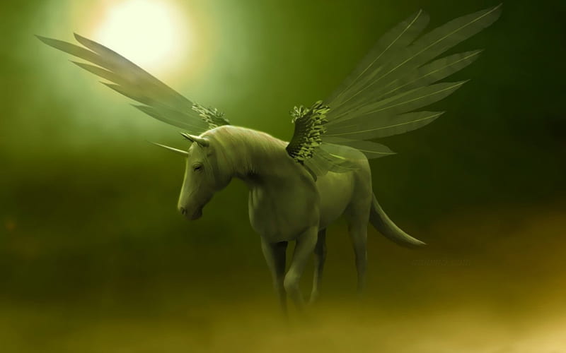 Green Winged Unicorn, fantasy, wings, abstract, unicorn, HD wallpaper