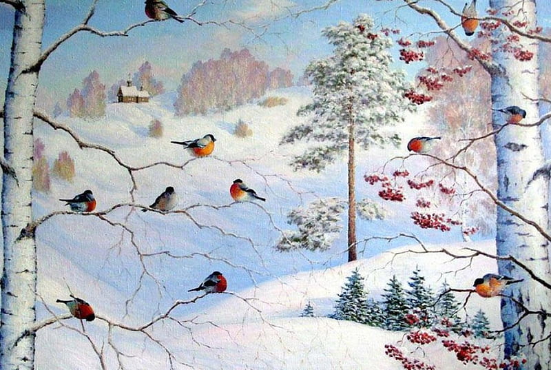 By Maistrenko Gennady. bullfinches, art, bird, snow, maistrenko gennady, nature, winter, HD wallpaper