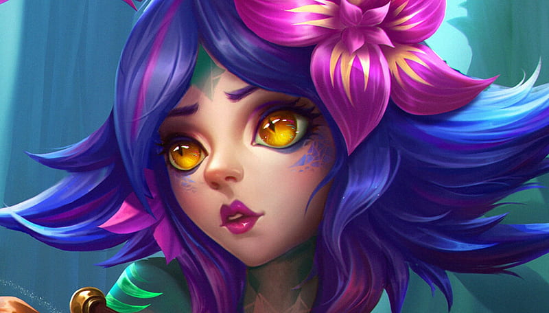 Neeko, face, pink, blue, luminos, lol, fantasy, girl, purple, chameleon ...