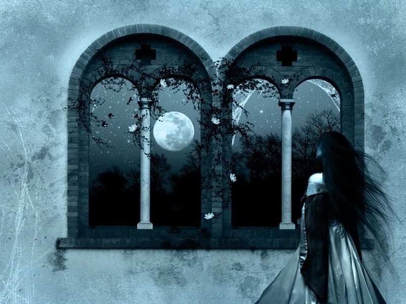 Awaiting in the Moonlight, bars, windows, moon, arches, woman, HD wallpaper