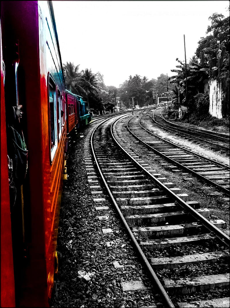 Train In Sri Lanka, black, black and white, blavk, natural, rail, red, semi colour, sri lanka, tracks, HD phone wallpaper