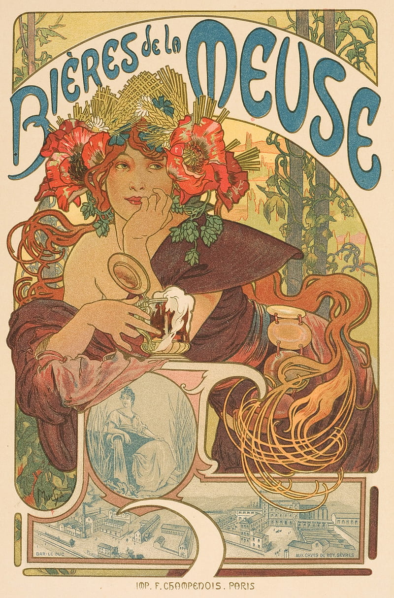 Bieres de la Meuse, alphonse mucha, art, art nouveau, fine art, mucha, poster, poster art, woman, women, HD phone wallpaper