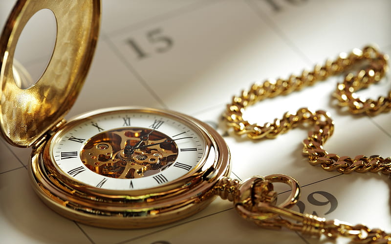 gold pocket watch, business, deadline concepts, gold watch on calendar, business concepts, HD wallpaper