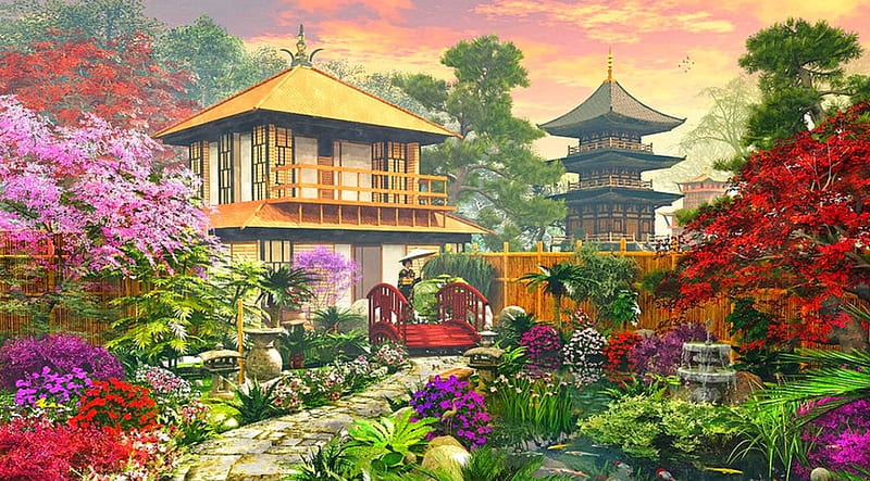 Japanese Garden, lovely, colors, bonito, trees, woman, cherry blossom, pond, pagoda, bridge, flowers, path, HD wallpaper