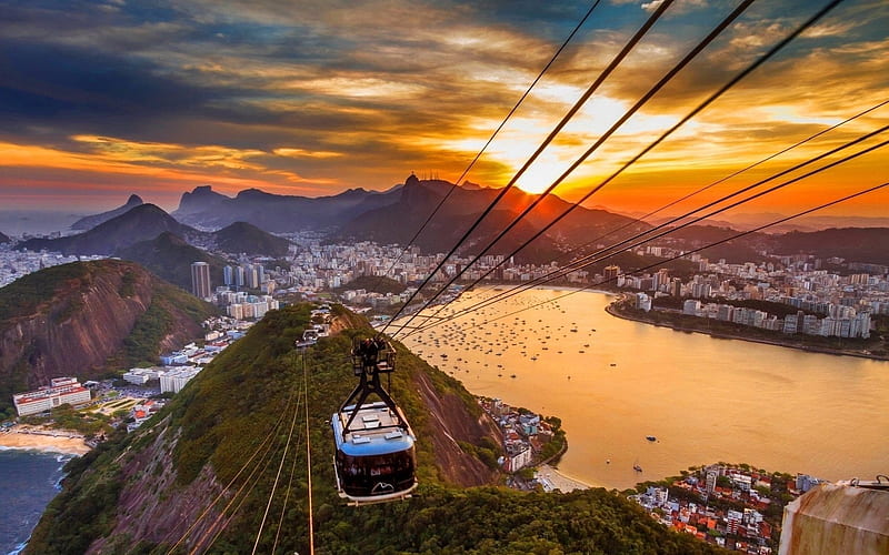 rio de janeiro, atlantic ocean, sunset, cable car, brazil, HD wallpaper