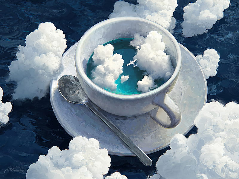 Artistic, Ocean, Airplane, Cloud, Tea Cup, HD wallpaper