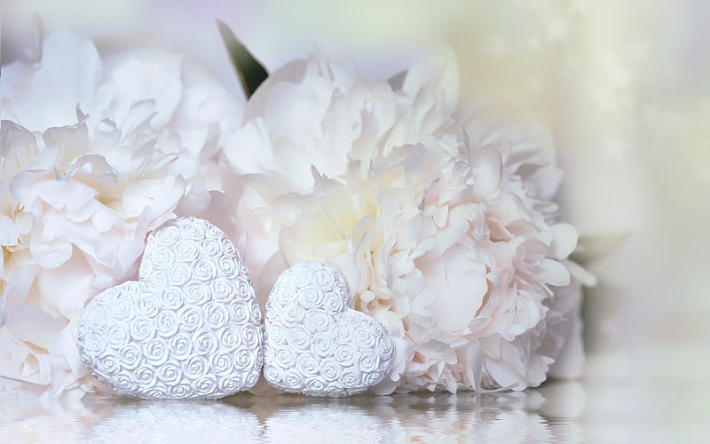white heart, love concepts, white bouquet of flowers, wedding concepts, peonies, HD wallpaper