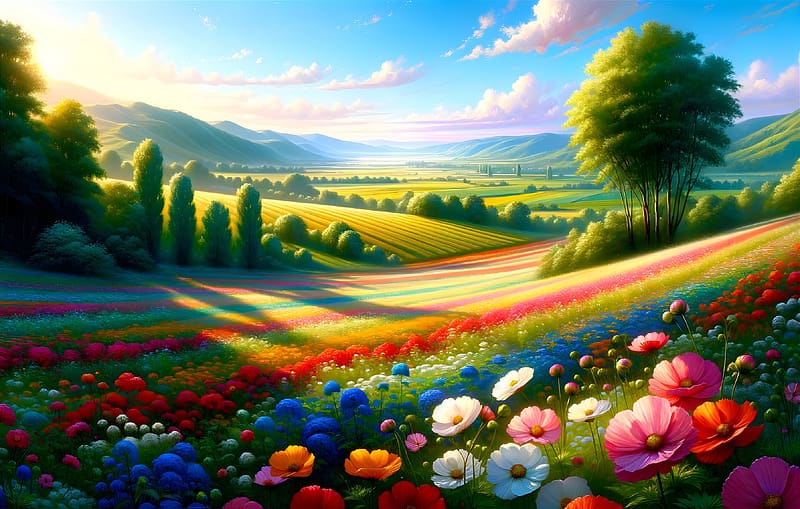 Lush flower fields in full bloom, novenyzet, tavaszi taj, termeszet, dombok, fak, elenk szinek, kek egbolt, viragmezok, viragzo vadviragok, HD wallpaper