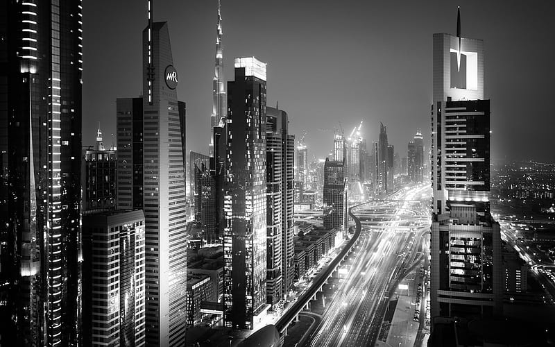 Dubai, monochrome, nightscapes, cityscapes, UAE, United Arab Emirates, HD wallpaper