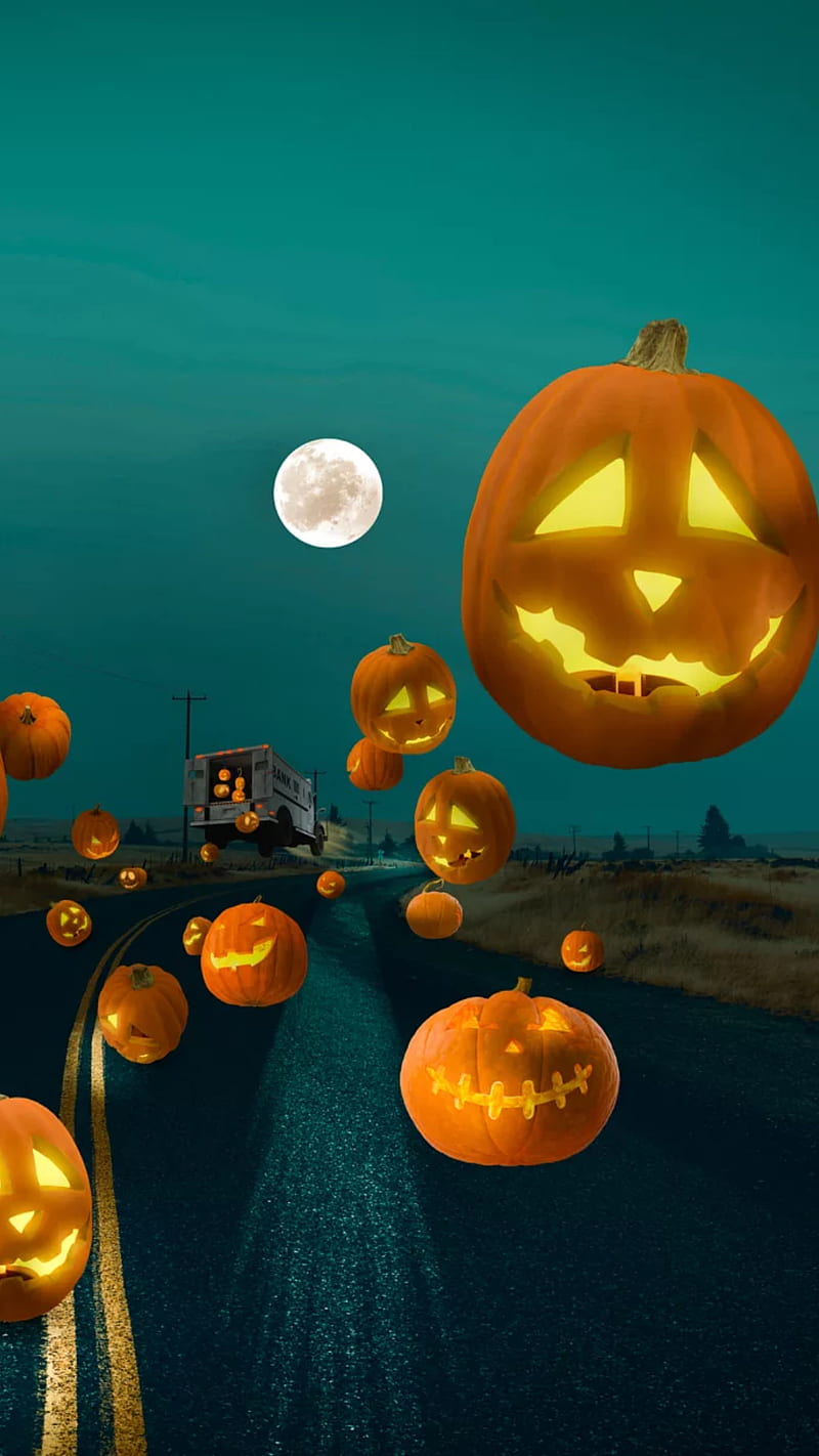 Falling pumpkins, pumpkin, halloween, halloween pumkin, pumpkins, halloween , truck, road, HD phone wallpaper