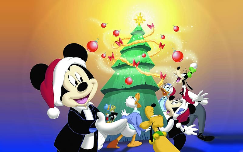 Christmas, Holiday, Christmas Tree, Pluto, Disney, Mickey Mouse, Donald Duck, Goofy, Minnie Mouse, Daisy Duck, Jiminy Cricket, HD wallpaper