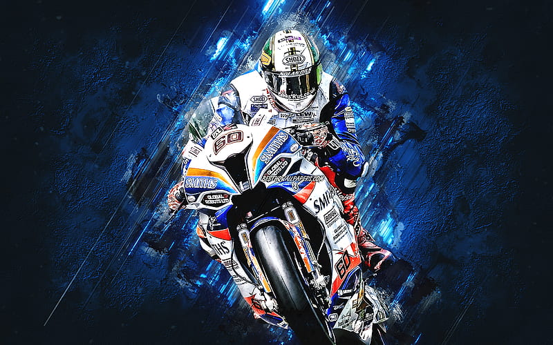 Peter Hickman, English motorcycle racer, 2018 Isle of Man Senior TT, BMW S1000RR, blue stone background, creative art, motorcycle racing, HD wallpaper