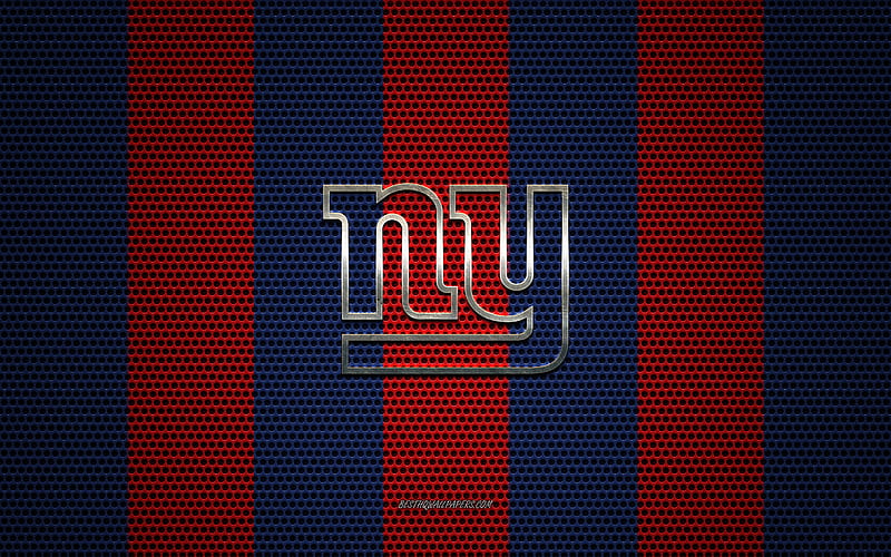 New York Giants logo, American football club, metal emblem, red-blue metal mesh background, New York Giants, NFL, New York, USA, american football, HD wallpaper