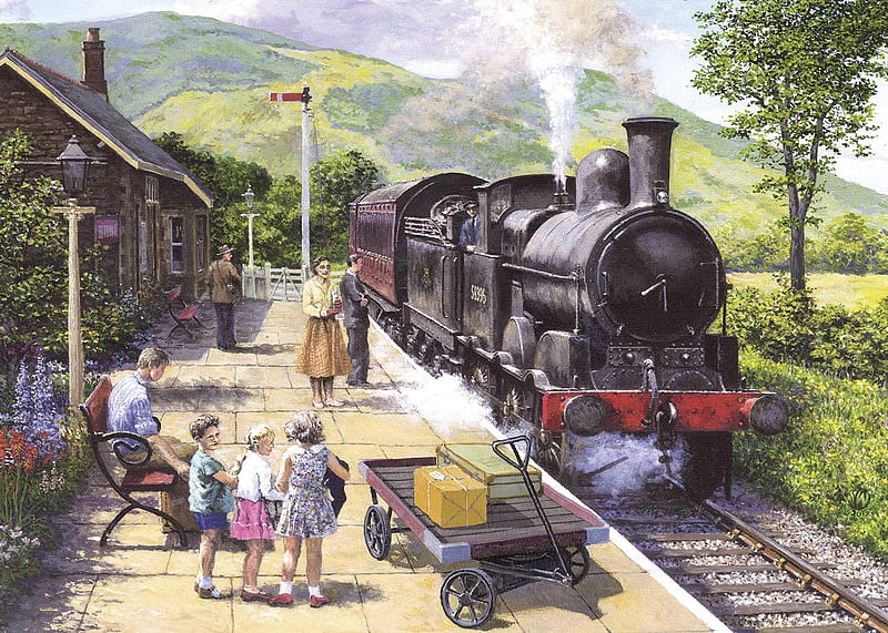 Aboard to Keswick, train, locomotive, people, painting, station, steam, artwork, HD wallpaper