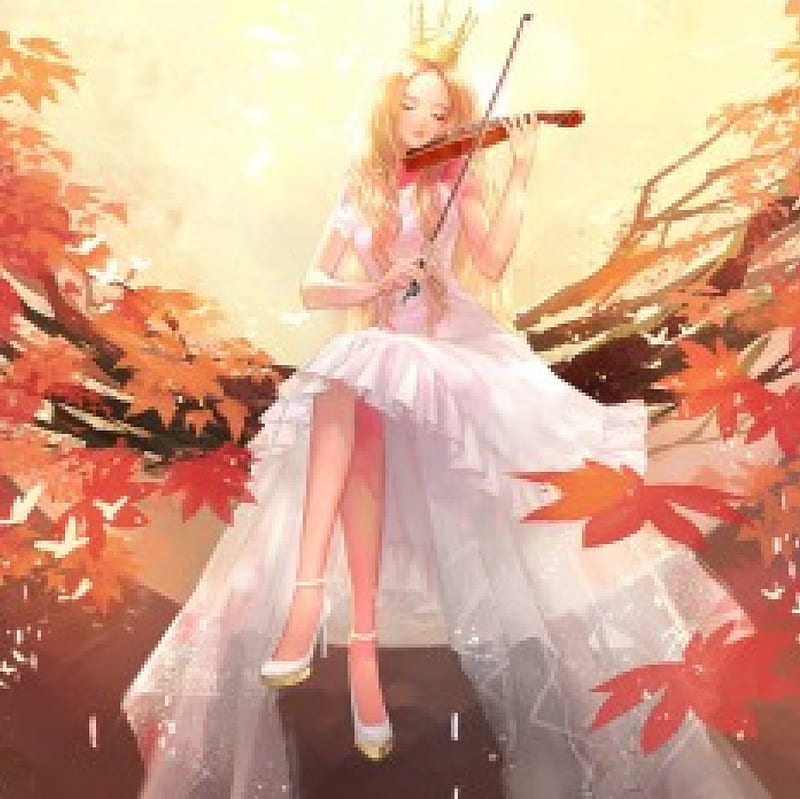 Autumn Melody, pretty, dress, autumn, blond, bonito, sweet, leaves, nice, anime, royalty, beauty, anime girl, tiara, long hair, gorgeous, violin, female, lovely, gown, blonde, blonde hair, blond hair, leaf, girl, crown, lady, maiden, HD wallpaper