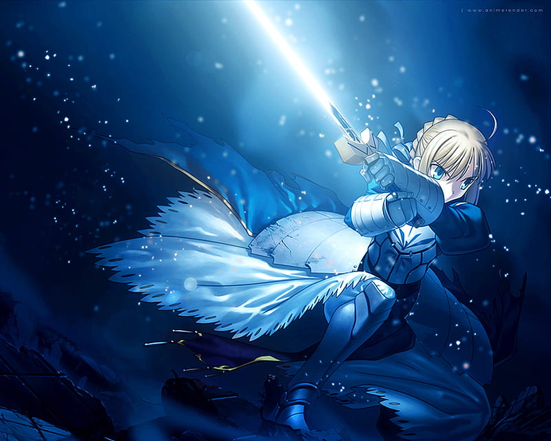 The Light of Excalibur, saber, king, excalibur, servant, game, arturia, fate stay night, anime, dark, sword, blue, night, knight, HD wallpaper