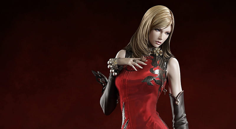 Aion Character, games, female, video games, aion, blonde hair, woman, girl, lone, red background, blue eyes, HD wallpaper