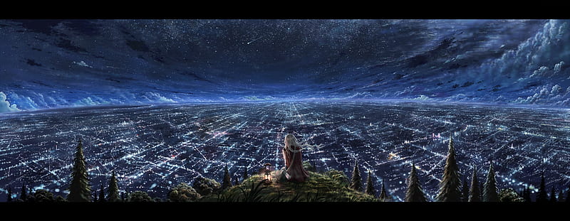 Stargazing, stars, forest, lamp, sky, clouds, braids, city, scenery, hill, HD wallpaper