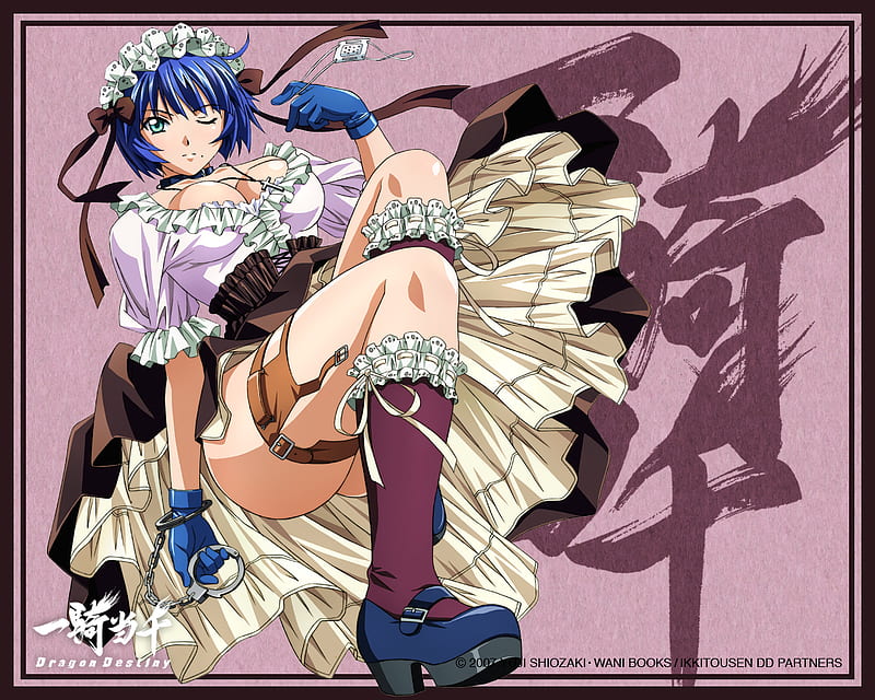 Shimei Ryomou, dress, anime girl, shimei, handcuffs, ikkitousen, HD wallpaper