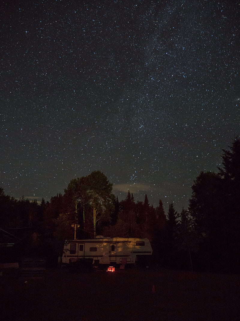 white RV trailer surrounded by trees during nighttime, HD phone wallpaper