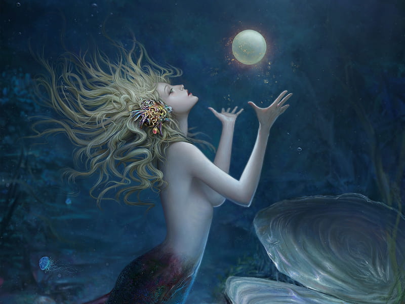 Mermaid, underwater, frumusete, luminos, vara, fantasy, pearl, girl, summer, hand, siren, kunlin lee, white, blue, HD wallpaper