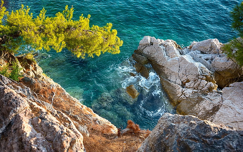 sea, coast, view from the cliff, stones, Mediterranean Sea, summer, HD wallpaper
