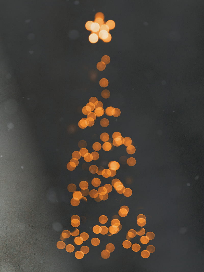 Christmas Tree, art, black, blizzard, holiday, lights, minimal, orange, snow, HD phone wallpaper