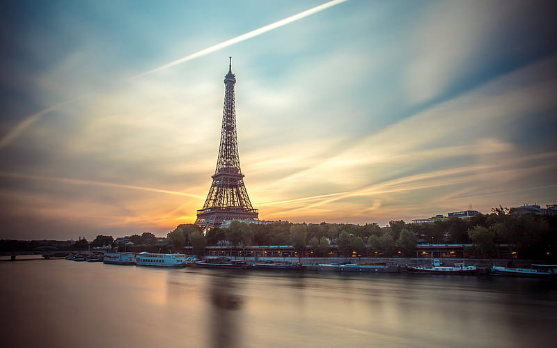Paris, Eiffel Tower, sunset, evening, Seine, river, ships, travel to Paris, landmark, France, HD wallpaper