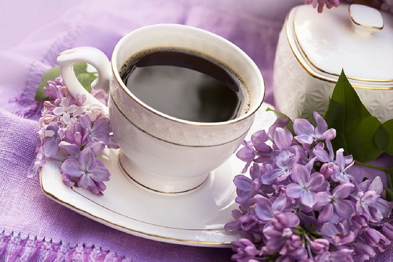 coffee and lilac, still life, flowers, coffee, lilacs, HD wallpaper