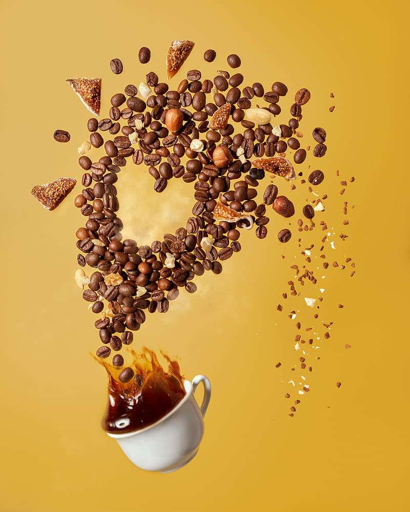 coffee, cup, coffee beans, nuts, splashes, HD phone wallpaper