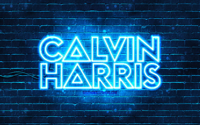 Calvin Harris blue logo superstars, scottish DJs, blue brickwall, Calvin Harris logo, Adam Richard Wiles, Calvin Harris, music stars, Calvin Harris neon logo, HD wallpaper