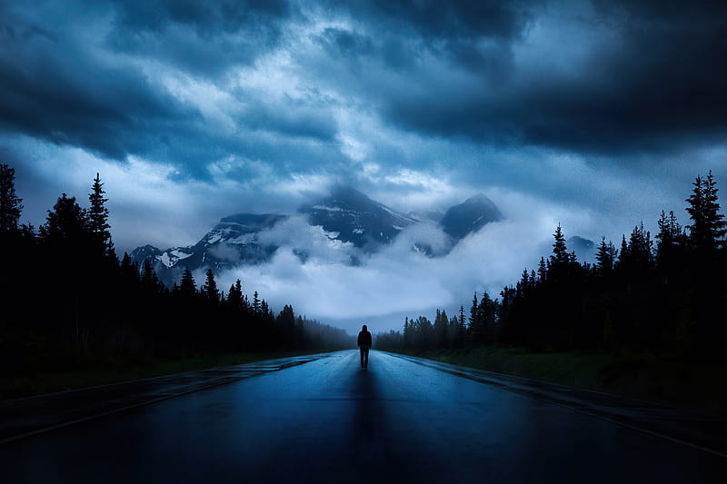 Walking Alone Road , alone, walking, road, graphy, nature, mountains, clouds, HD wallpaper