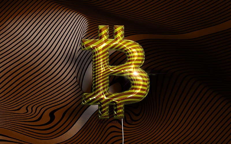 Bitcoin 3D logo golden realistic balloons, cryptocurrency, Bitcoin logo, brown wavy backgrounds, Bitcoin, HD wallpaper