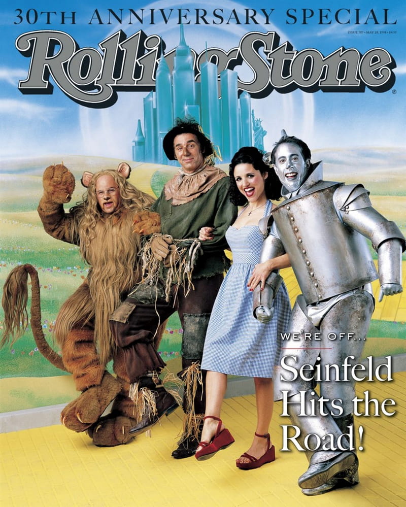 Seinfeld, magazine cover, The Wizard of Oz, Statue of Liberty, Julia-Louis Dreyfus, looking at viewer, Tin Man, Scarecrow (character), open mouth, smiling, crucifix, red lipstick, glasses, gloves, red shoes, HD phone wallpaper
