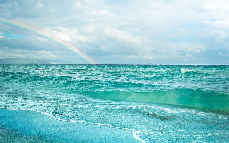 Sea, rainbow, coast, waves, beach, HD wallpaper