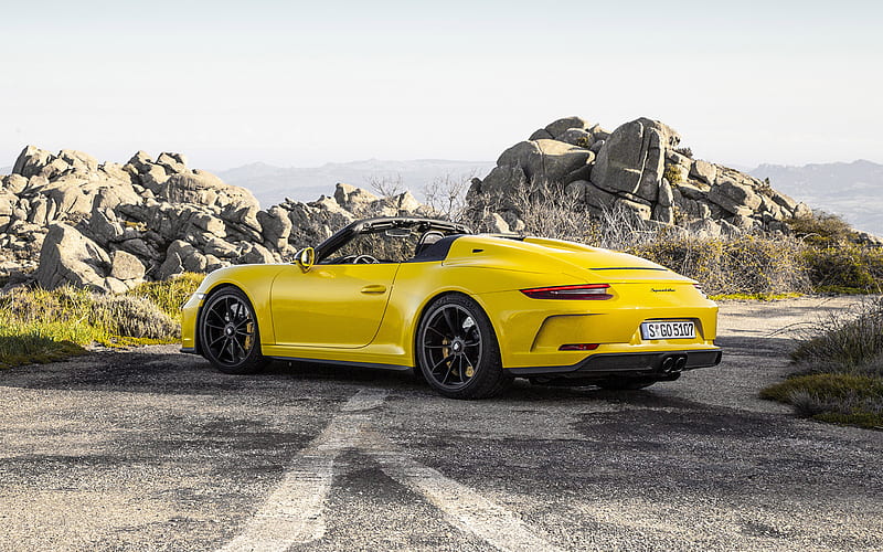 2019, Porsche 911 Speedster, rear view, yellow roadster, new yellow 911 Speedster, German sports cars, Porsche, HD wallpaper