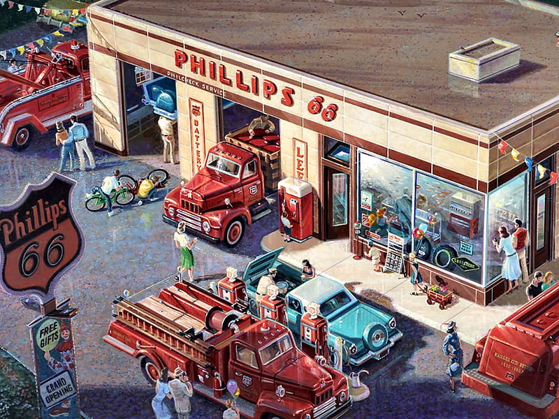 Busy Saturday at the Phillips 66 F, architecture, art, autos, cityscape, bonito, gas station, artwork, phillips 66, painting, trucks, wide screen, scenery, HD wallpaper