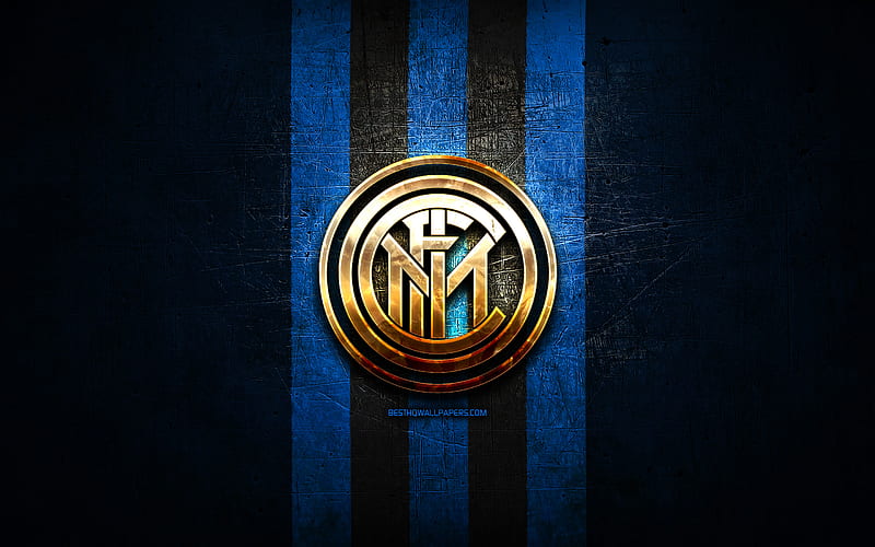 Inter Milan FC, golden logo, Serie A, blue metal background, football, Internazionale, italian football club, Internazionale logo, soccer, Italy, HD wallpaper