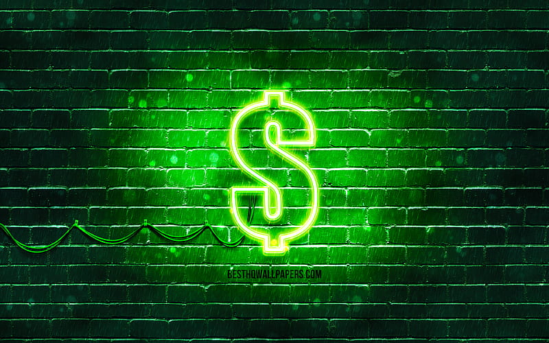 US Dollars neon icon USD, green background, currency, neon symbols, US Dollars, neon icons, US Dollars sign, currency signs, US Dollars icon, currency icons, HD wallpaper