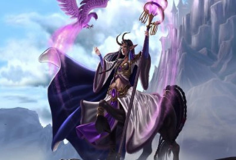 Centaur Sorceress, staff, fantasy, female, bird, horns, HD wallpaper