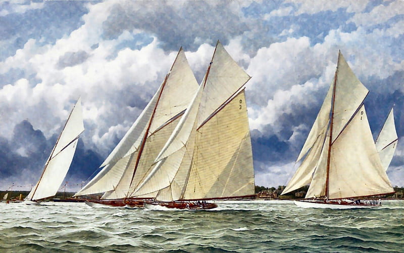 Metres Racing off Cowes 2, art, ocean, sailing, artwork, sea, painting, wide screen, seascape, scenery, sailboats, HD wallpaper