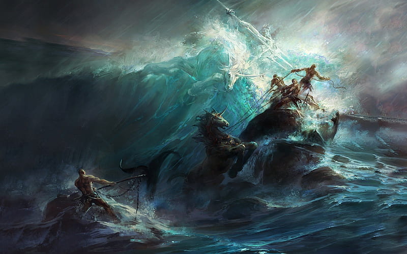 Poseidons Wrath, paintings, sea creatures, ocean, illustrations, graphics,  waves, HD wallpaper | Peakpx