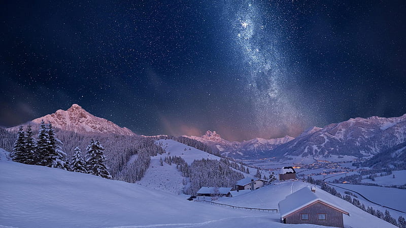 wonderful starry night above a town in a valley, stars, mountains, town, sky, lights, night, winter, valley, HD wallpaper