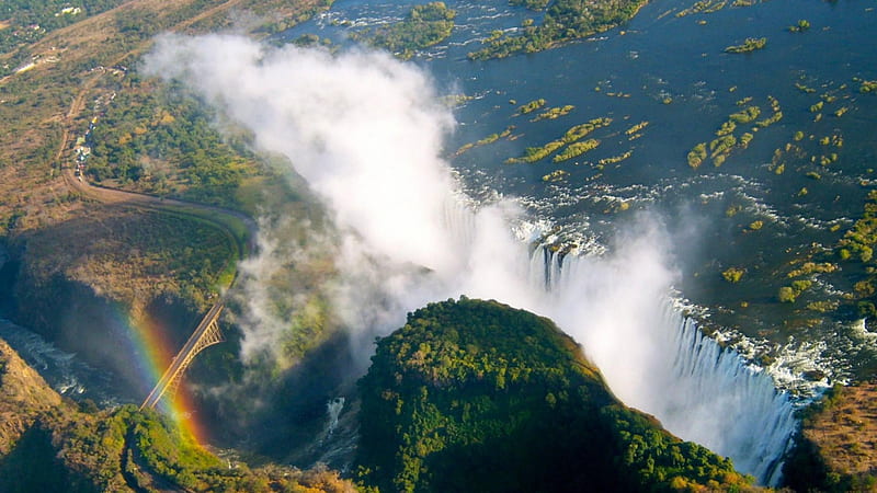 aerial view of majestic victoria falls, bridge, view, gorge, rainbow, waterfalls, HD wallpaper