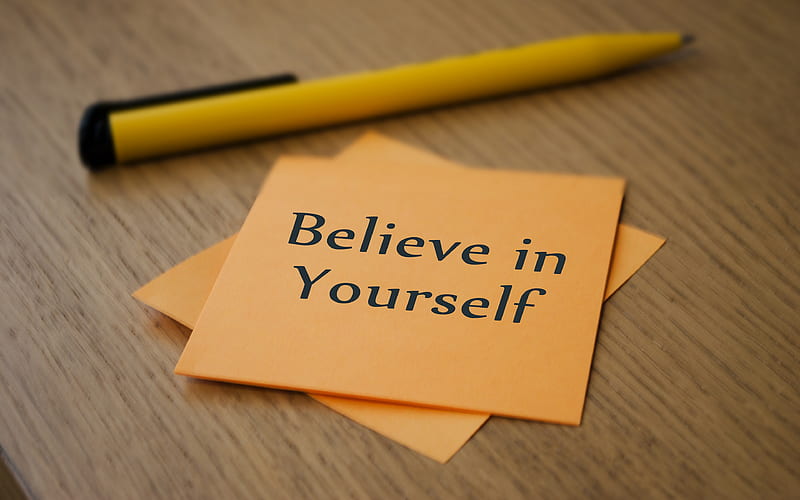 Believe in yourself, motivation quotes, inspiration, paper notes, orange paper sheets, HD wallpaper