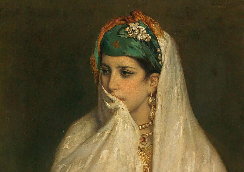 Jewish girl from Tanger, art, jean francois portaels, girl, jewish, painting, jewel, pictura, portrait, veil, HD wallpaper