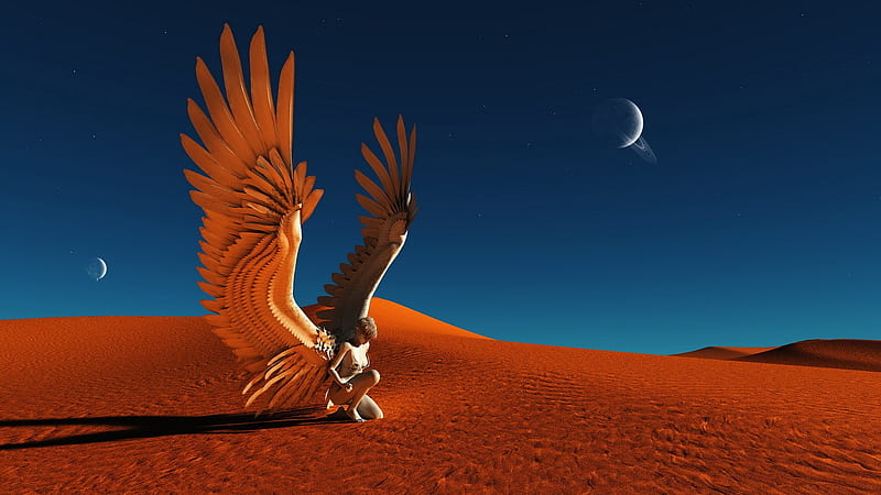 Desert Wings, moon, sand, angel, night, landscape, HD wallpaper