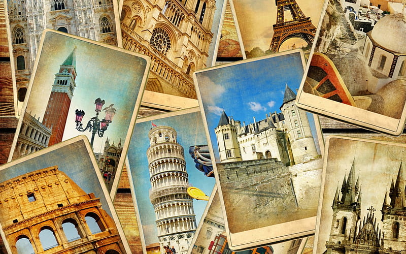 European Postcards, collage, Europe, abstract, postcards, HD wallpaper